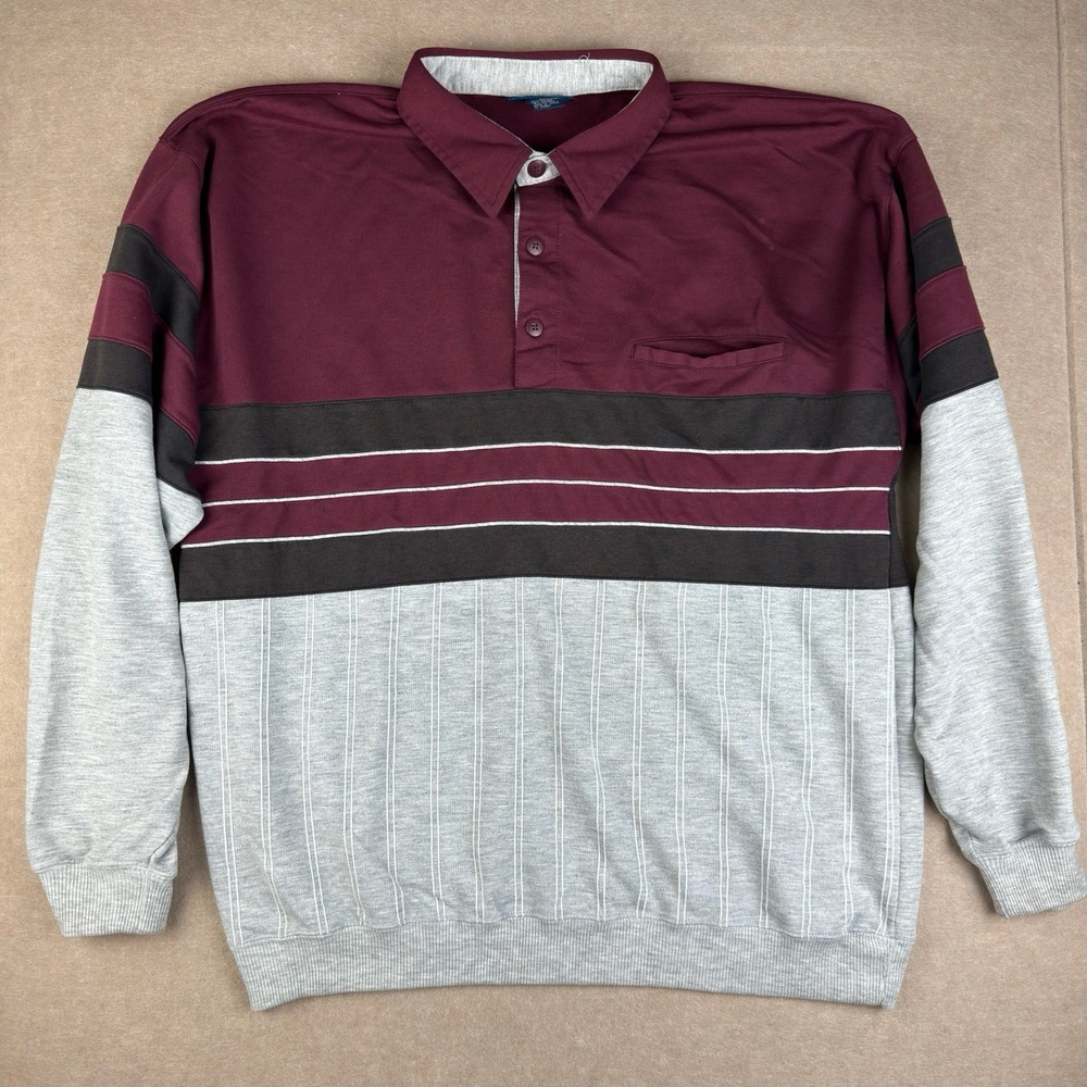 Towncraft XL Tall Polo Sweatshirt Men Maroon Gray Striped Long‎ Sleeve Pullover